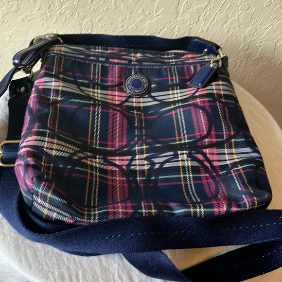 Coach: Navy & Pink Tartan Plaid Crossbody Bag- Silver Tone - Picture 1 of 16